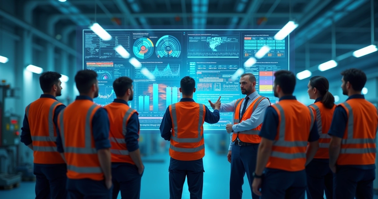Gestor em ambiente industrial analisando dados digitais junto com equipe de manutenção 