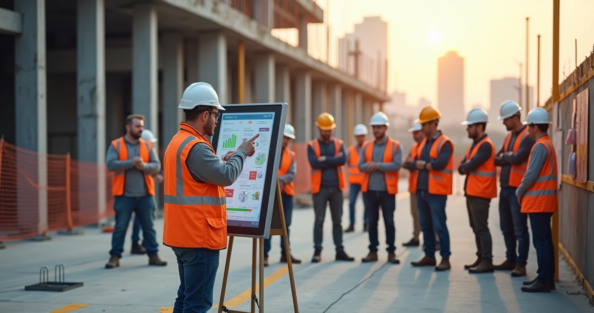Gestor de obras conduzindo reunião de alinhamento com equipe no canteiro 