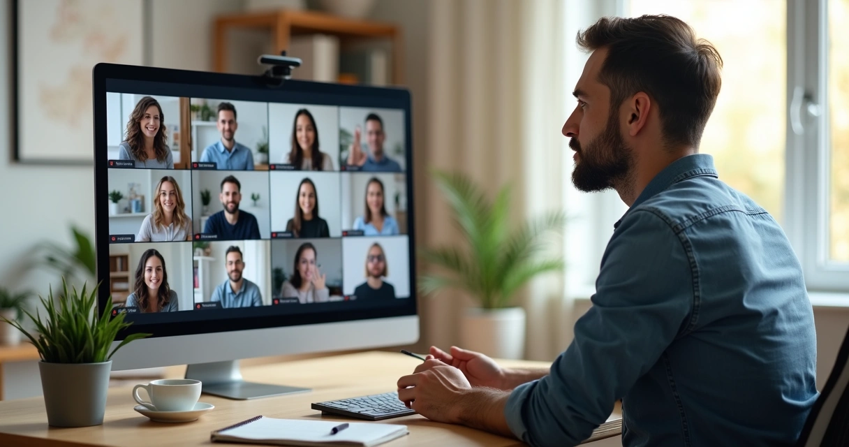 Gestor conduzindo reunião online com equipe remota diversa em clima de calma e colaboração 