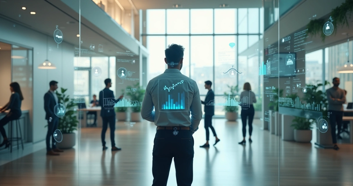 Gestor observando equipe em painel transparente com indicadores humanos e de desempenho 