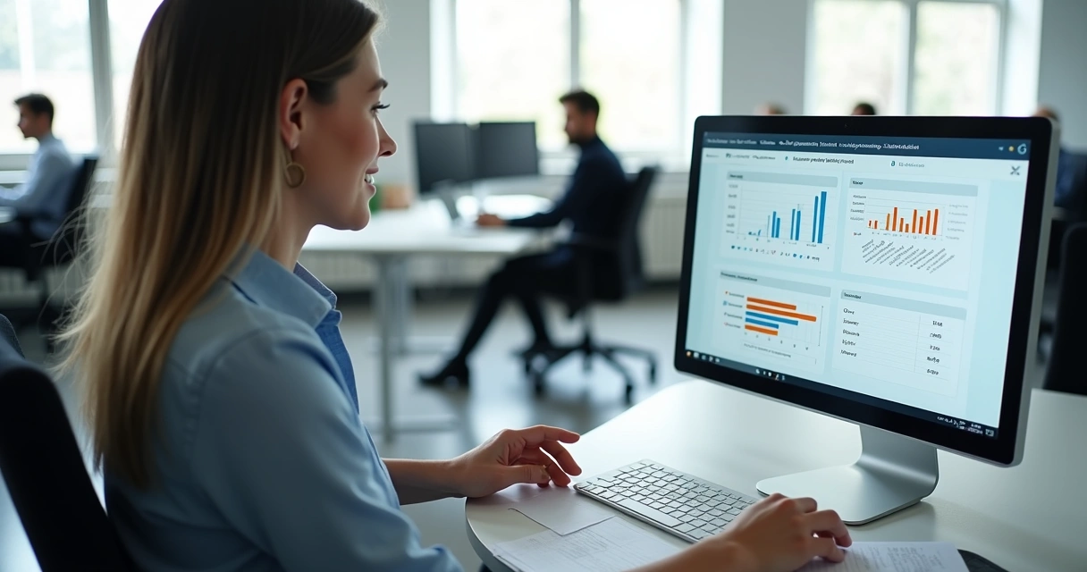 Gestor analisando dados ergonômicos na tela de um notebook de frente para colaboradores ao fundo. 