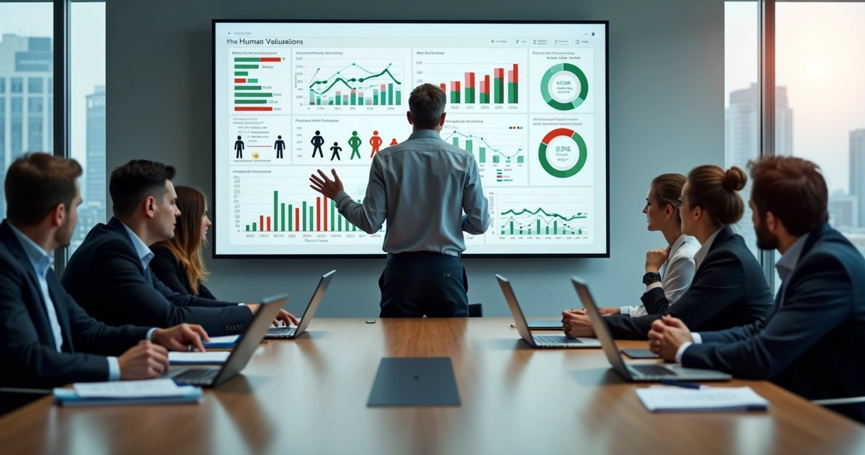 Gestor em reunião confusa com equipe analisando gráficos de pessoas 