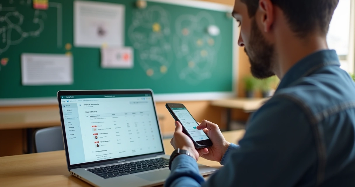 Gestor de escola enviando mensagem de cobrança a aluno em seu celular, com o WhatsApp aberto em um escritório de gestão escolar. 