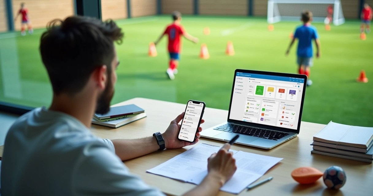 Gestor de escola de futebol usando aplicativo no celular com campo ao fundo 
