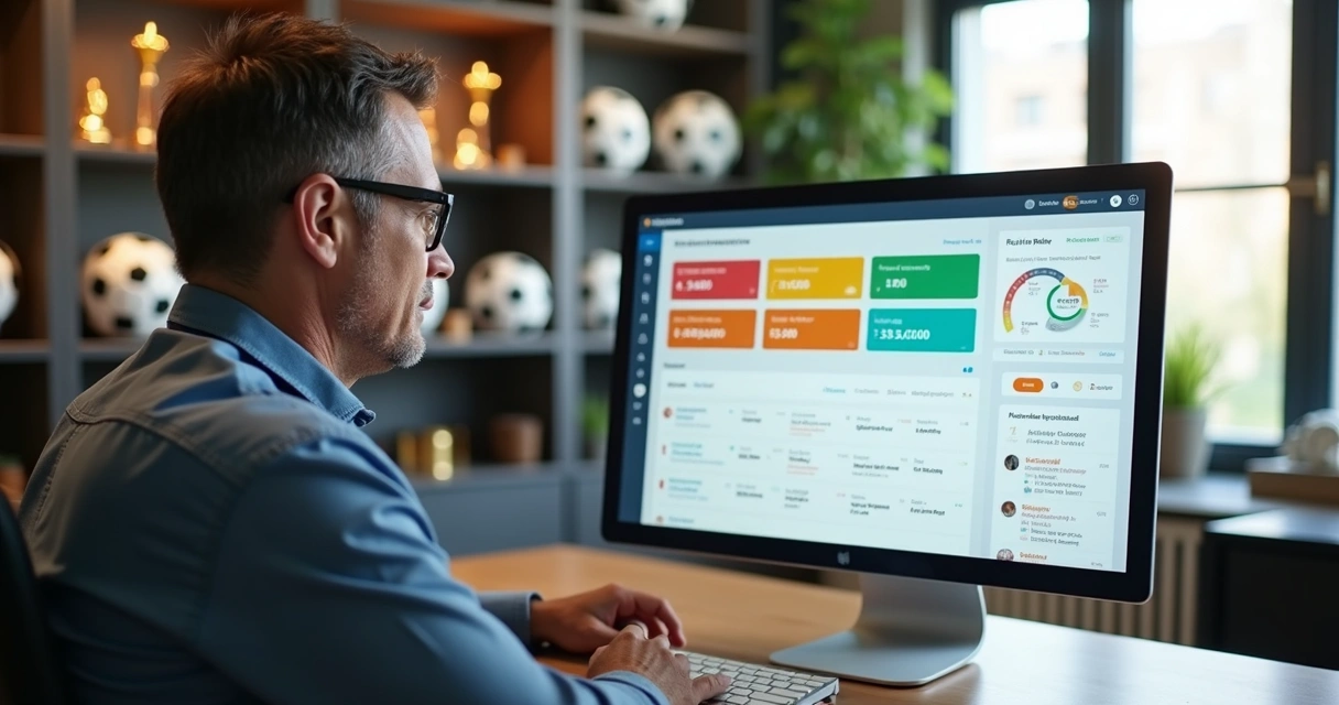 Gestor observa tela com painel de automação de escola de futebol 