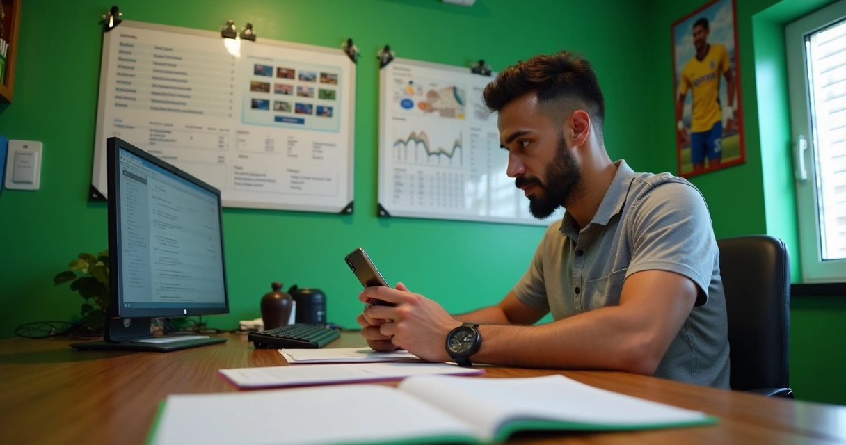 Gestor de escola de futebol usando aplicativo no celular 