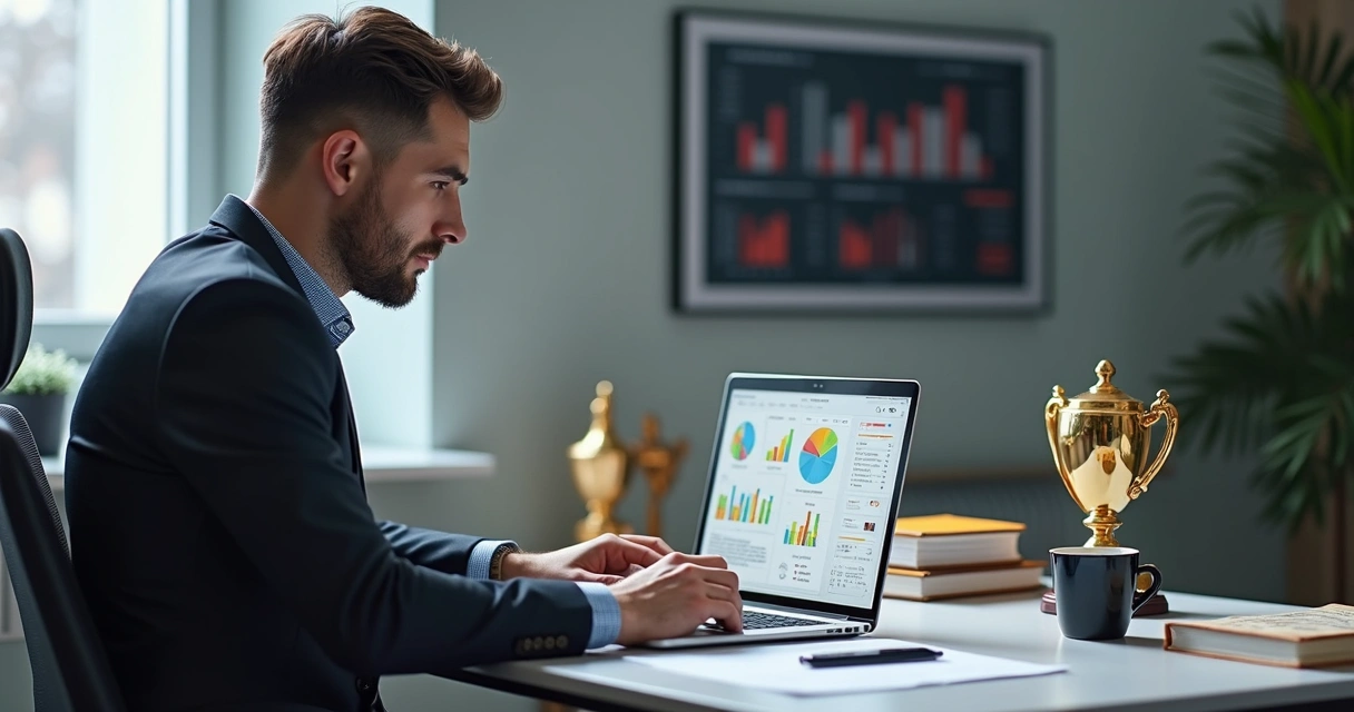 Gestor de escola de futebol usando computador para controle financeiro e comunicação 