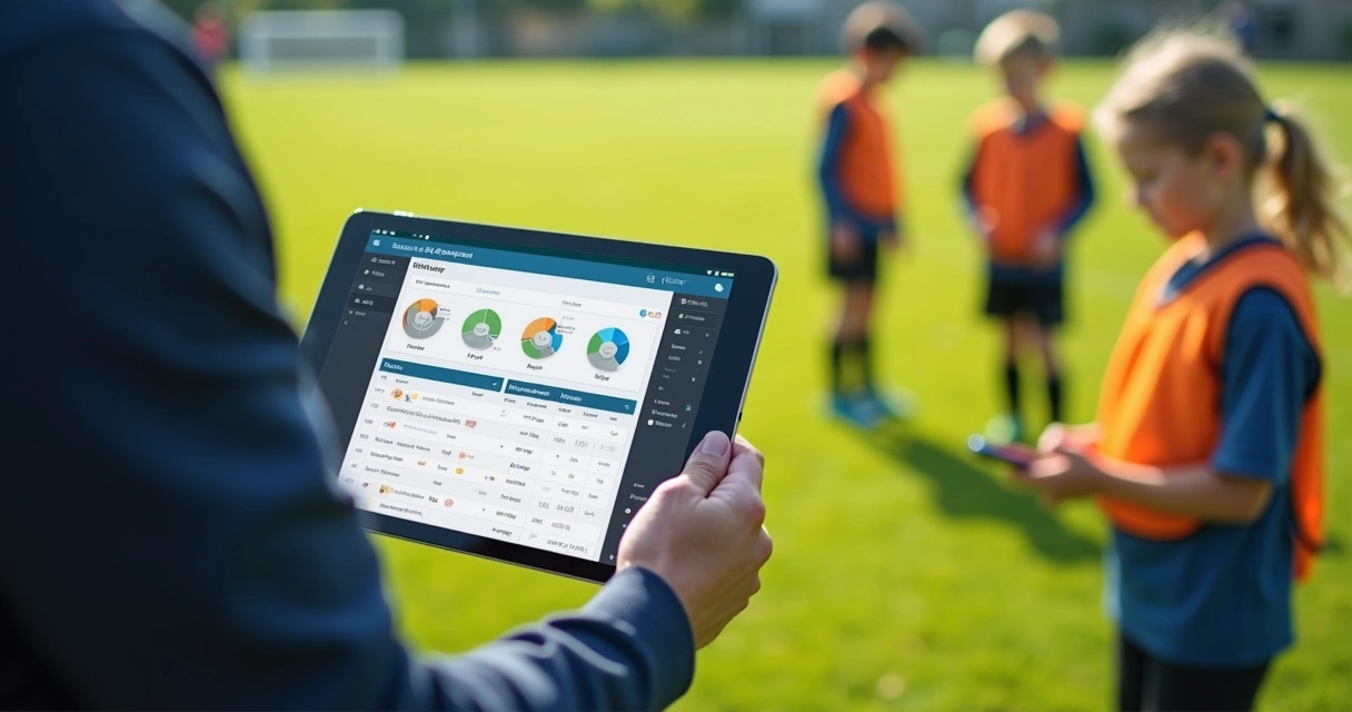 Gestor de escola de futebol usando tablet em campo