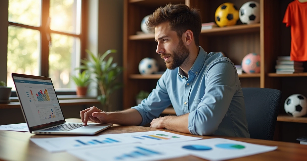 Gestor de escola de futebol usando sistema no notebook