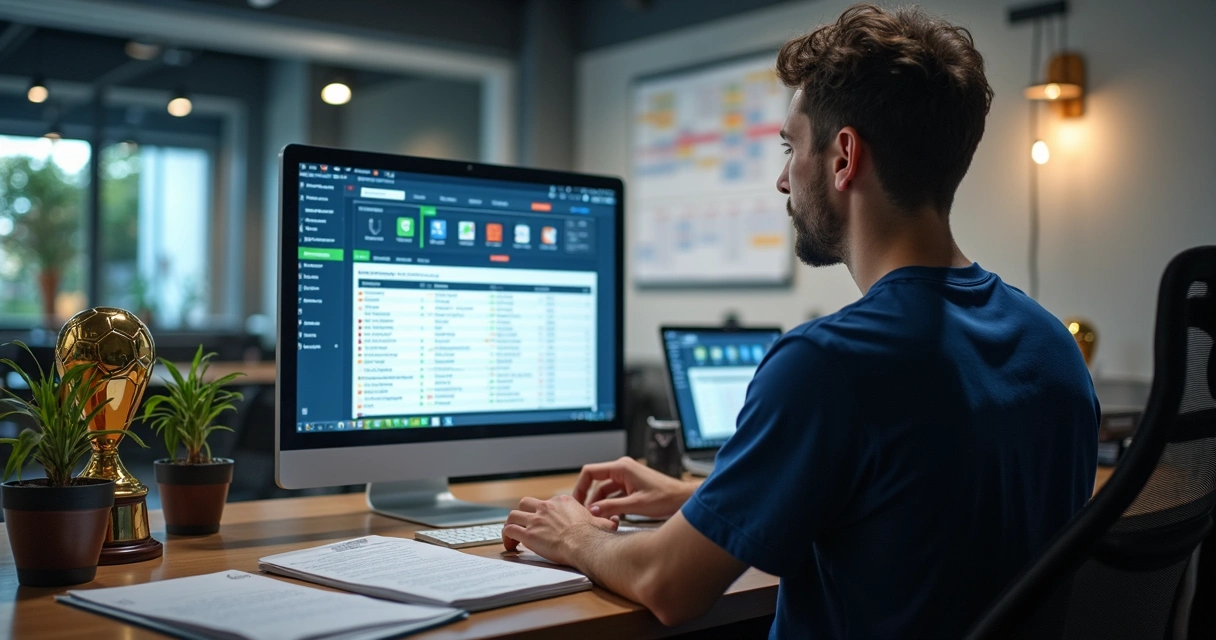 Gestor usando computador para controlar escola de futebol 