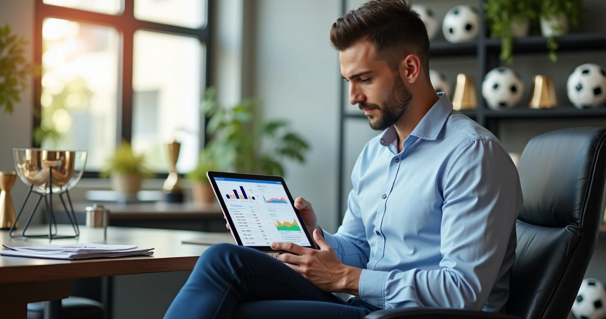 Gestor de escola de futebol usando tablet para acessar sistema de pagamentos