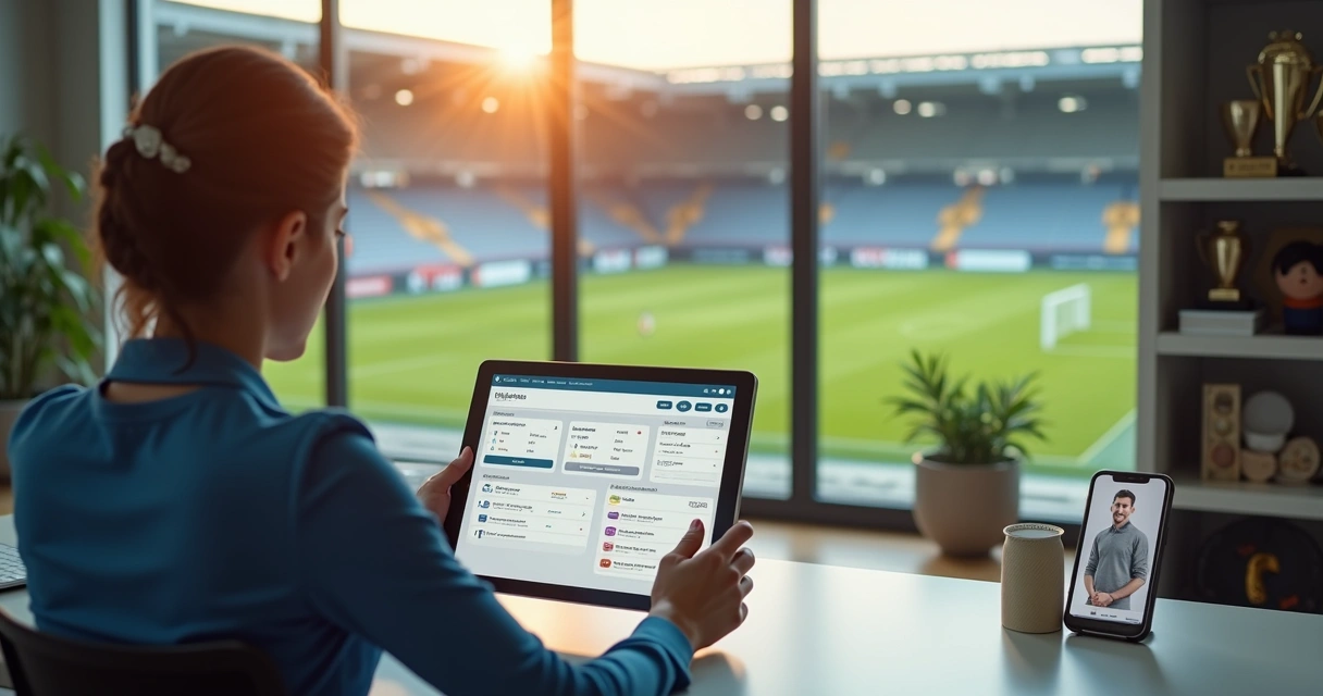 Gestor usando tablet e smartphone para controlar sistema de gestão em escola de futebol 