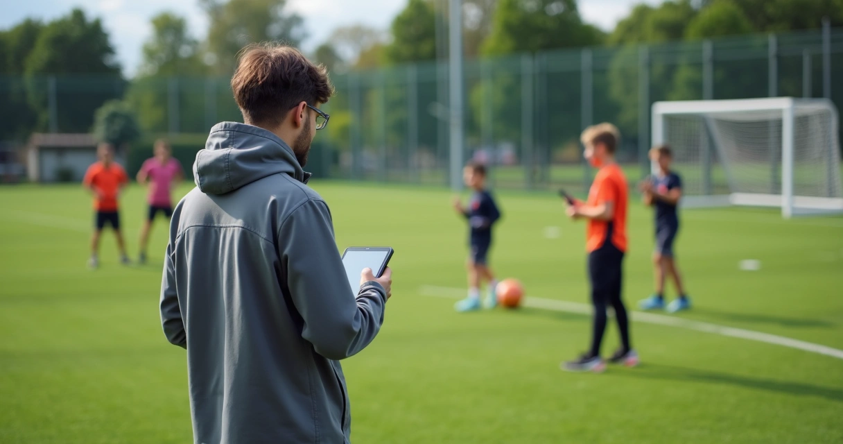 Gestor de escola de futebol utilizando tablet em campo acompanhado de alunos e treinador 