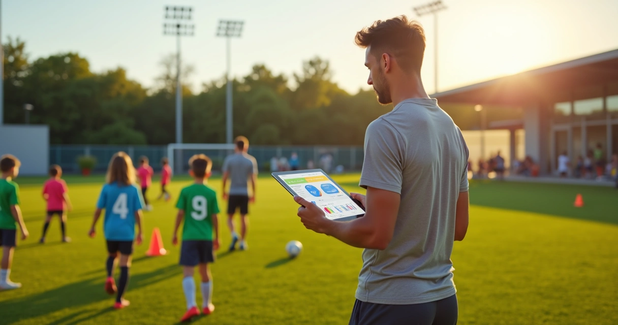Gestor de escola de futebol usando tablet ao lado de crianças treinando em campo 
