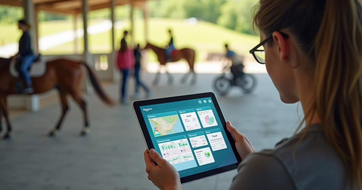 Gestor de escola de hípica usando tablet para gerenciar aulas e alunos em ambiente equestre moderno 