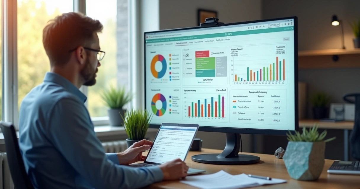 Pessoa revisando um dashboard financeiro digital em ambiente escolar, gráficos de inadimplência e pagamentos