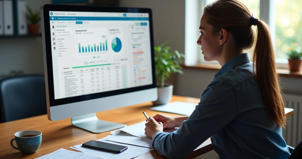 Gestor escolar em mesa com computador, checando pagamentos em plataforma digital