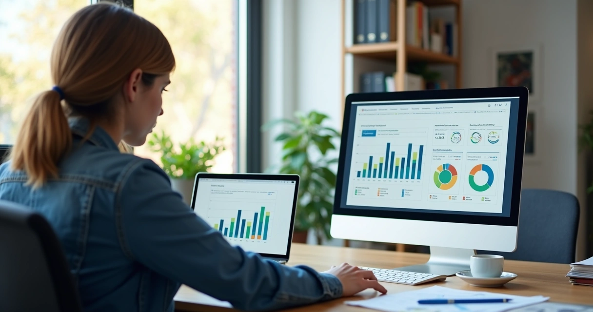 Gestor escolar analisando gráficos e relatórios digitais em notebook. 