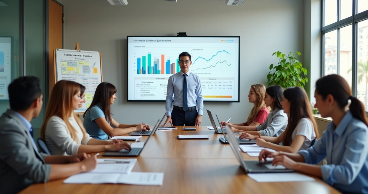 Gestor escolar em reunião estratégica com equipe docente em sala de aula moderna 