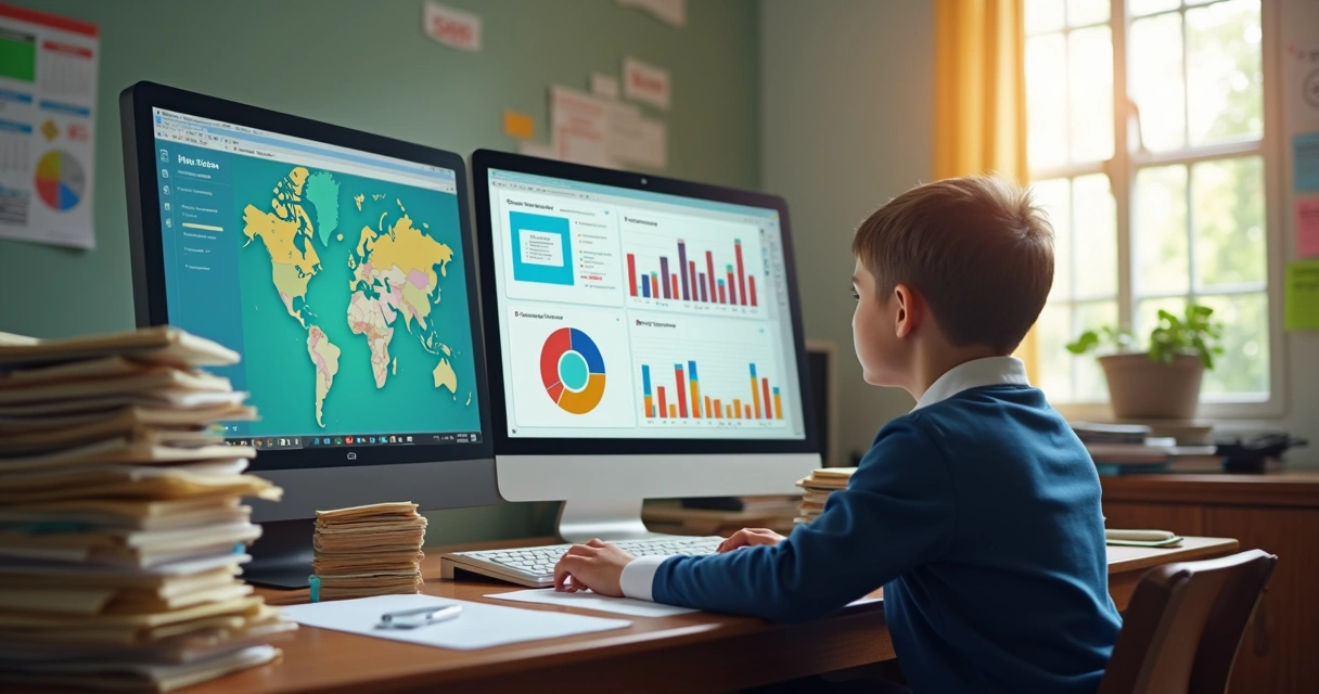 Gestor escolar organiza papéis e usa computador