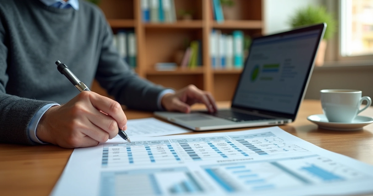 Gestor escolar analisando documentos de cobrança educacional em mesa de escritório com laptop e planilhas 