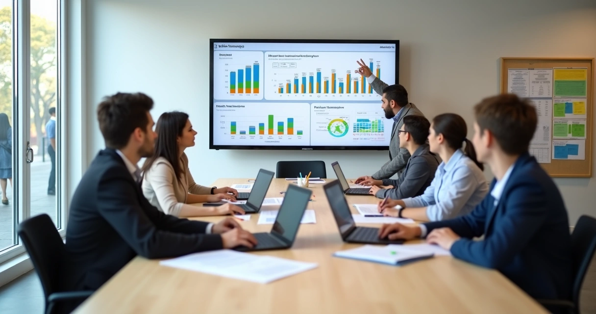 Gestor escolar em reunião estratégica com equipe em sala de aula moderna 