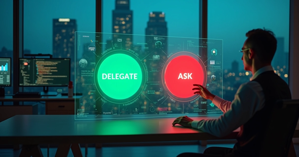 Gestor de negócios diante de painel digital escolhendo entre dois botões, com ícones de IA ao fundo 