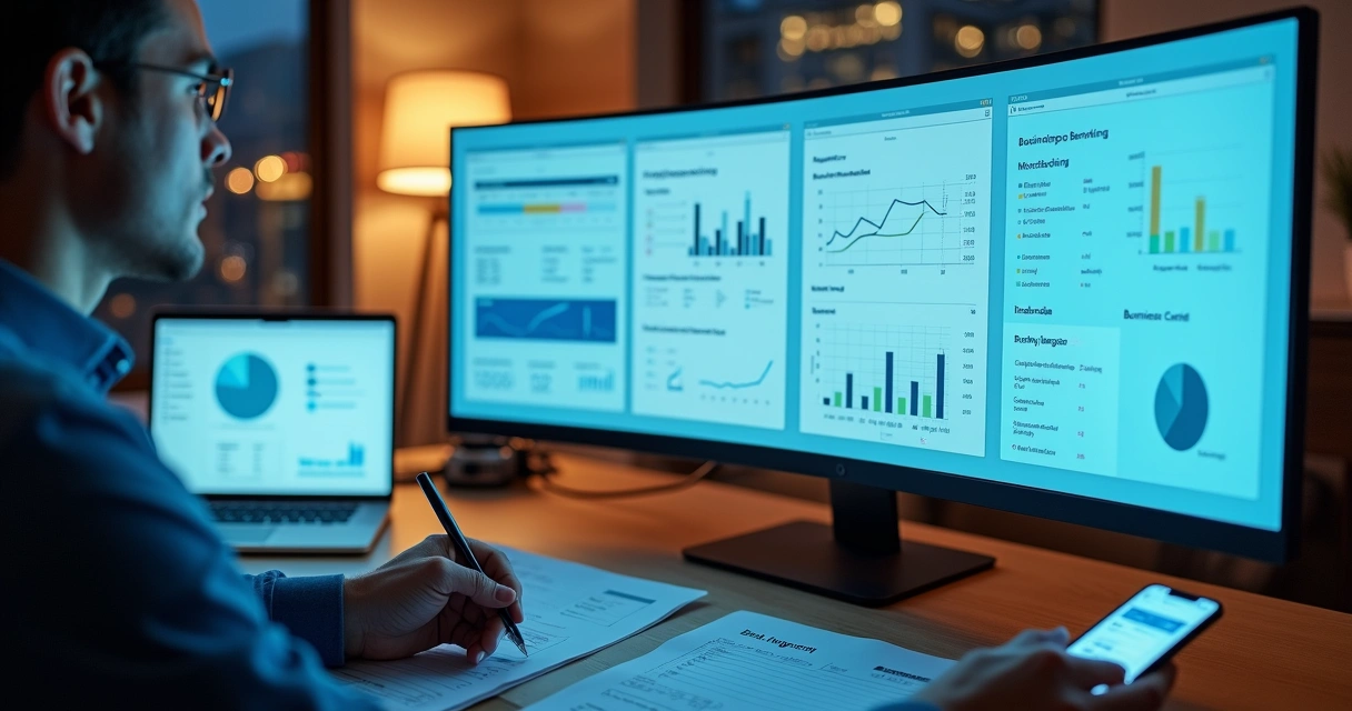 Gestor de pequena empresa avaliando telas de diferentes bancos digitais no computador 