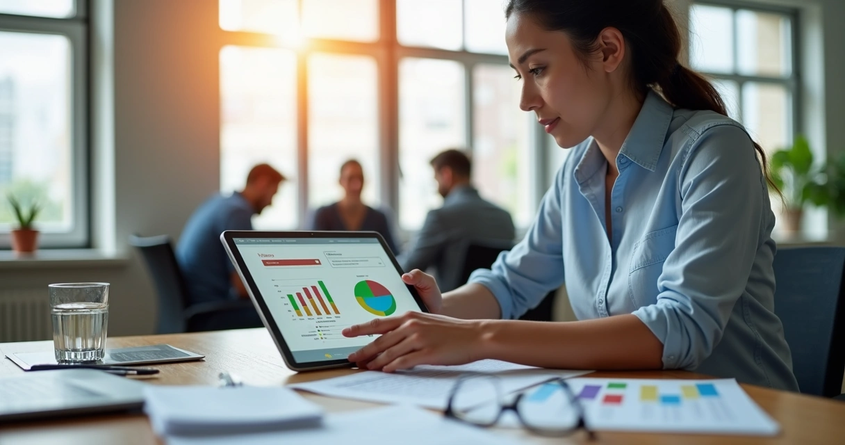 Gestor analisando opções flexíveis de benefícios em tela digital com gráficos coloridos e documentos organizados 