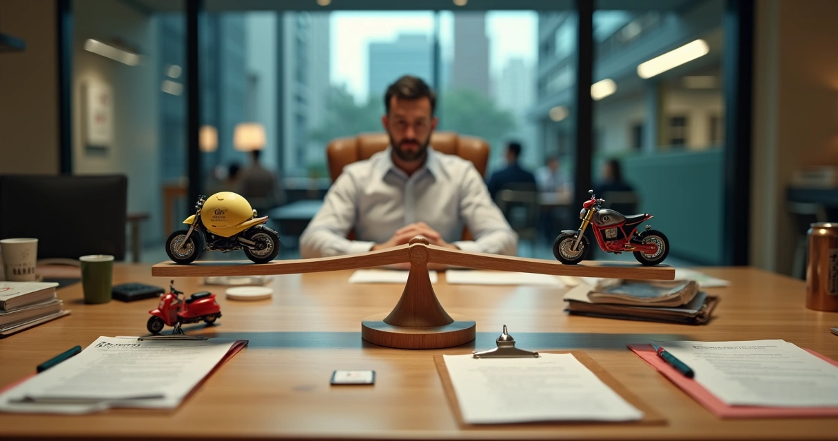 Gestor de restaurante comparando opções de motoboy em quadro dividido 