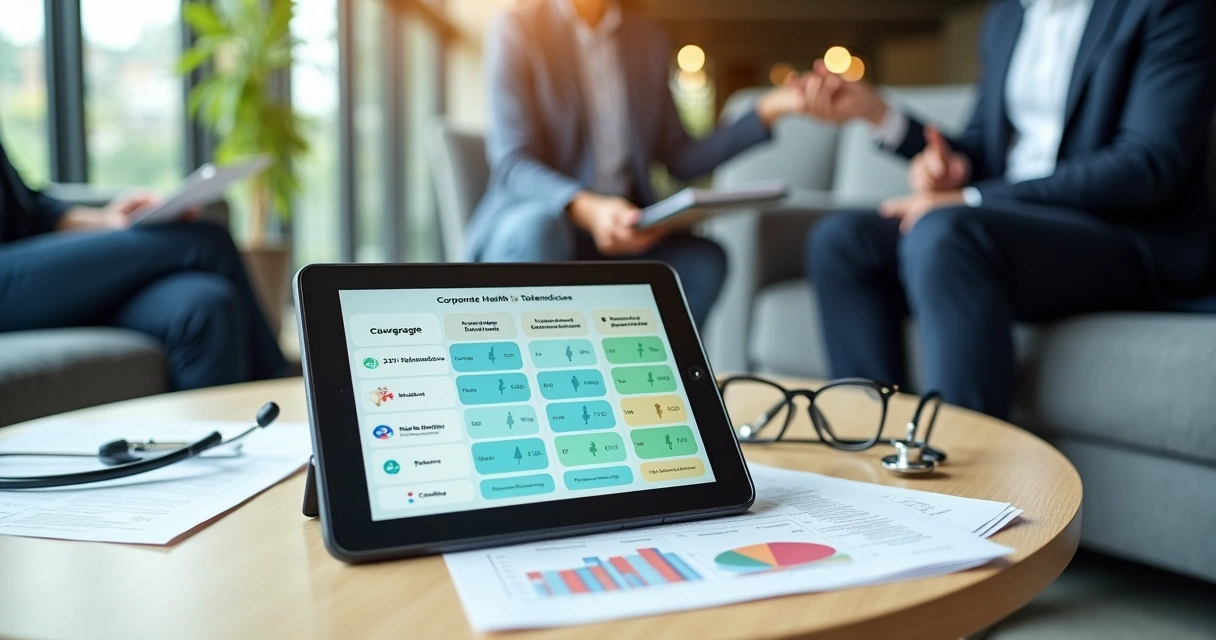 Gestor compara opções de telemedicina e plano de saúde empresarial na tela de um tablet 