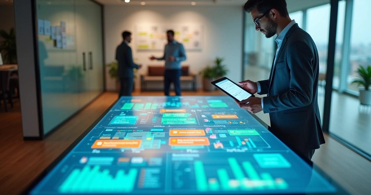Gestor compara opções de sistemas ERP projetadas em mesa digital interativa 
