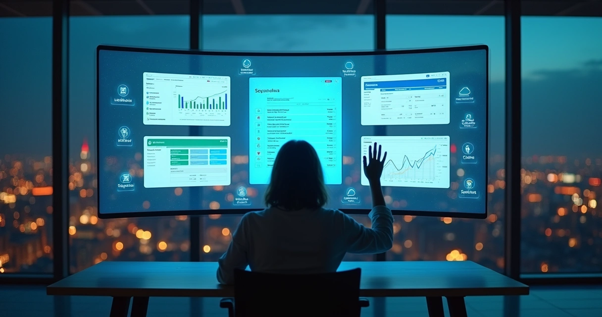 Gestor decide entre opções de software financeiro em tela curva gigante 