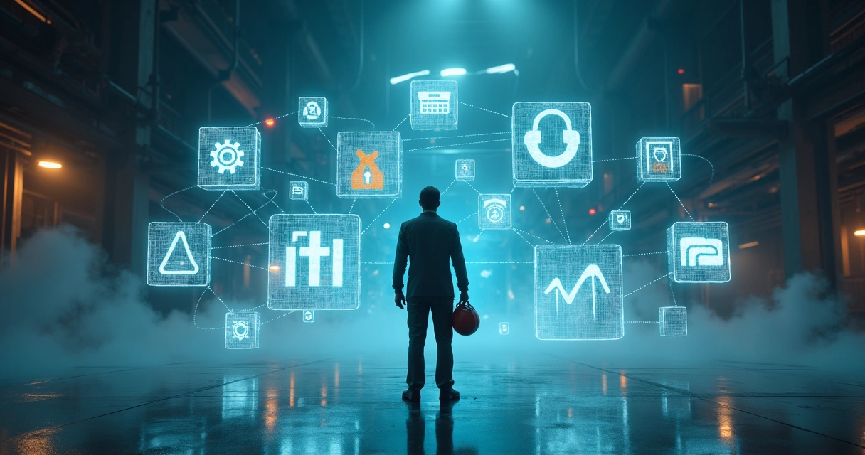 Gestor de manutenção analisando cubos de software com ícones técnicos flutuando em 3D 