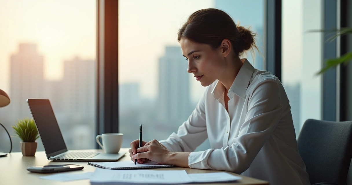 Gestor anotando reflexões em um caderno sobre sua liderança 