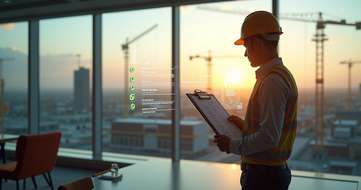 Gestor de obras observando vários canteiros descentralizados em visualização panorâmica com ícones de checklist 