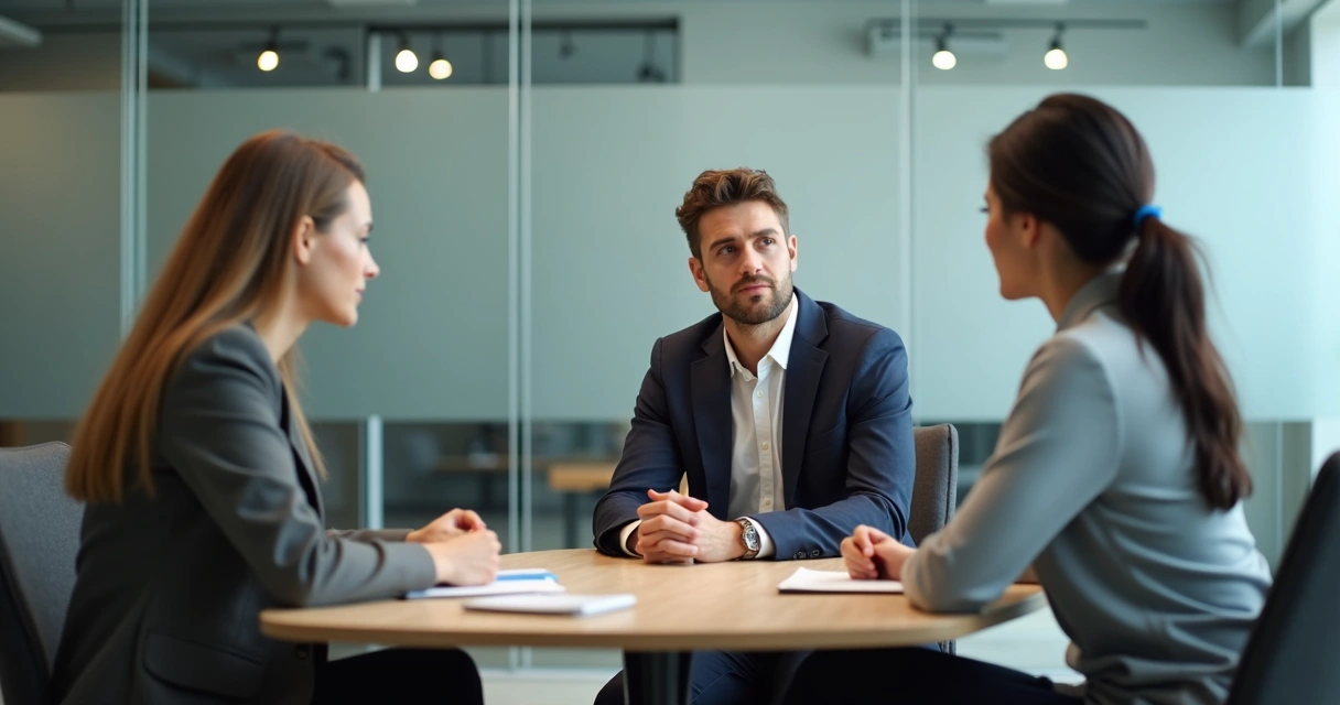 Gestor ouvindo a equipe em conversa reservada no escritório 