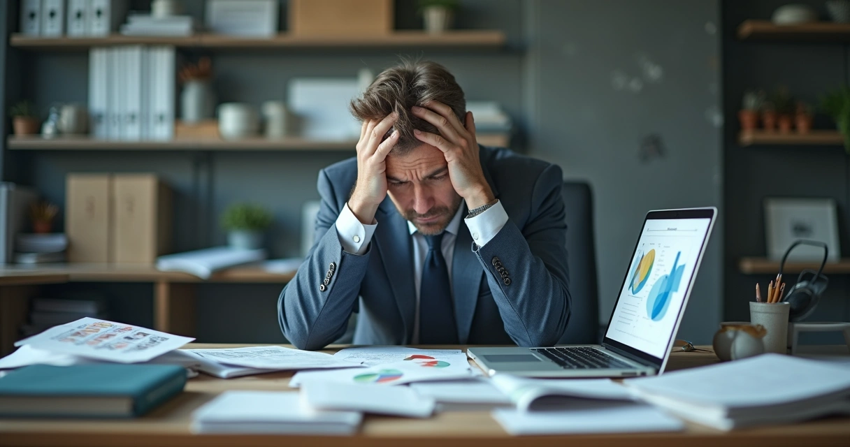 Gestor sentado à mesa com pilha de papéis, expressão cansada, computador ao lado 