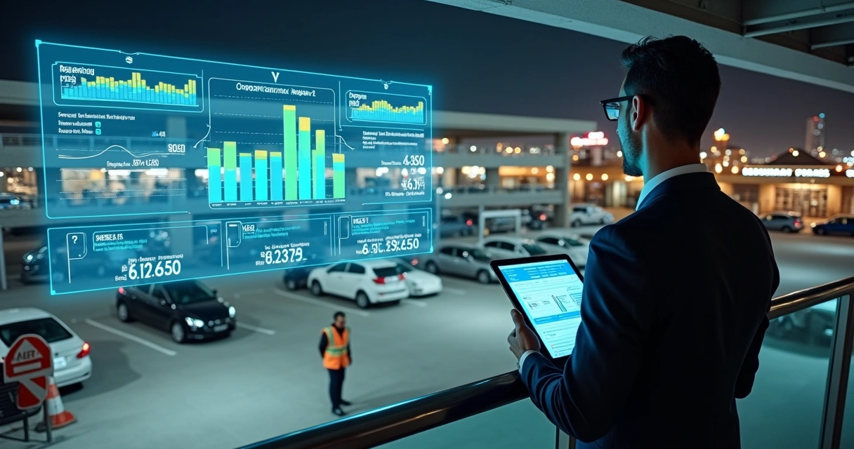 Gestor observa estacionamento noturno com vagas cheias e telão de indicadores 