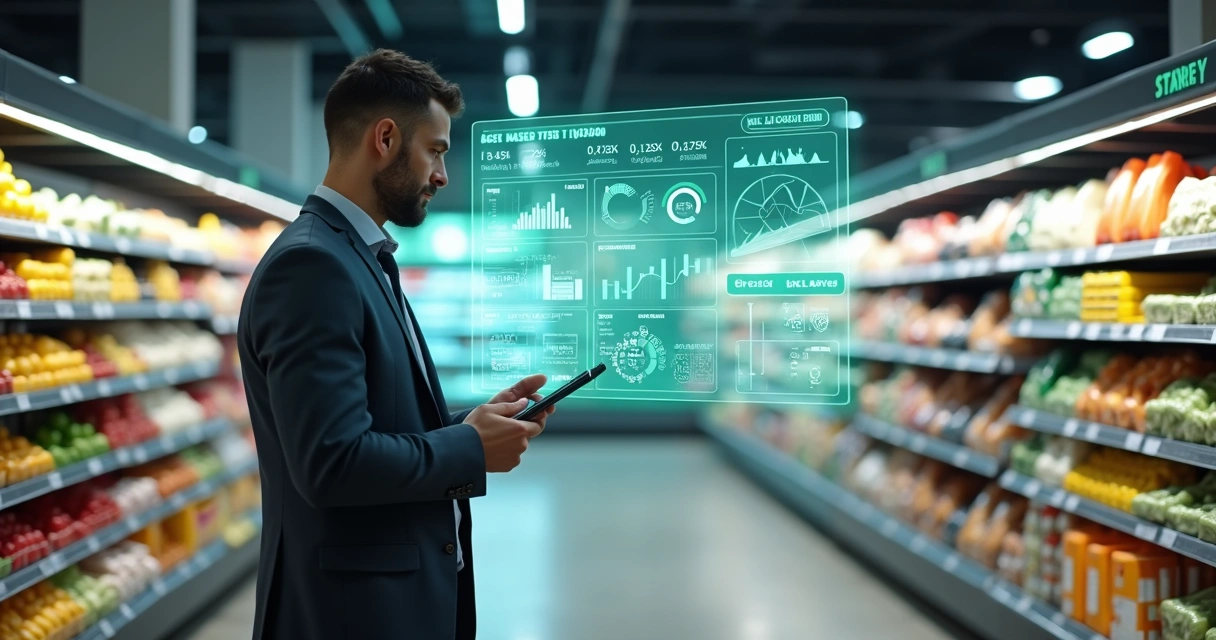 Gestor de varejo analisando métricas de desperdício em painel digital diante de prateleiras de supermercado 