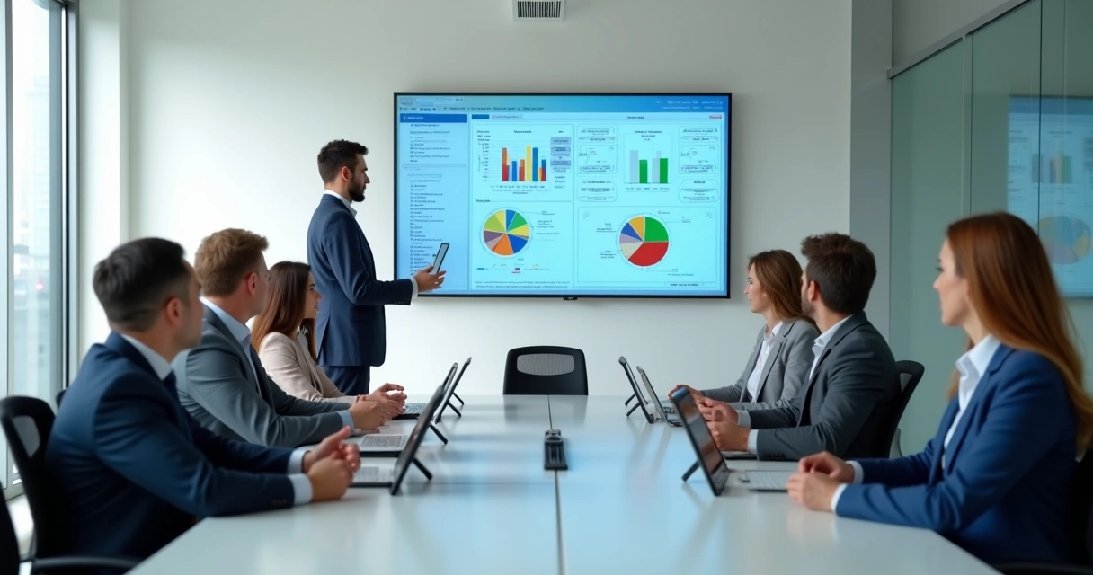 Gestor de SST apresentando dados em reunião com gráficos digitais 