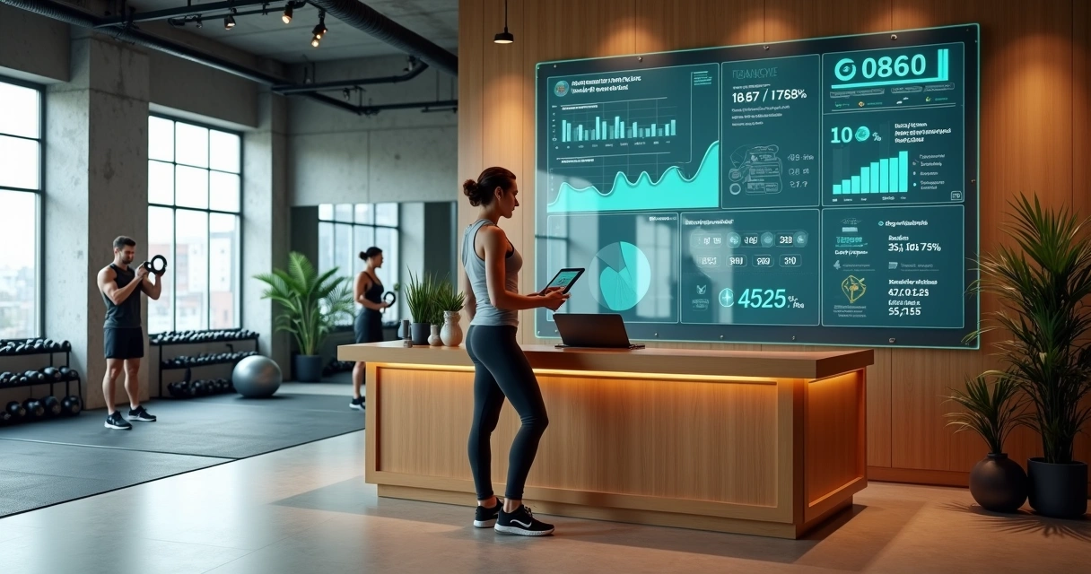 Personal trainer em estúdio moderno analisando painel com dados de alunos 