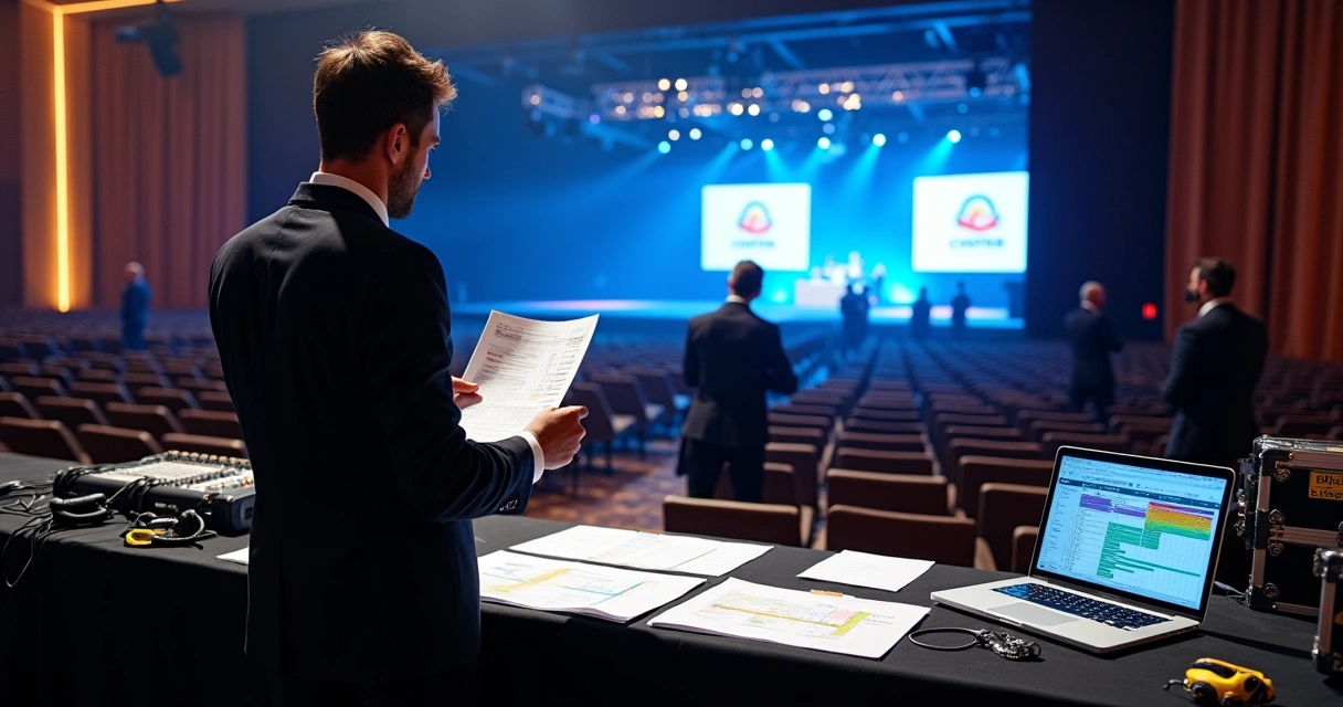 Gestor de produção coordenando equipe no backstage de evento corporativo 