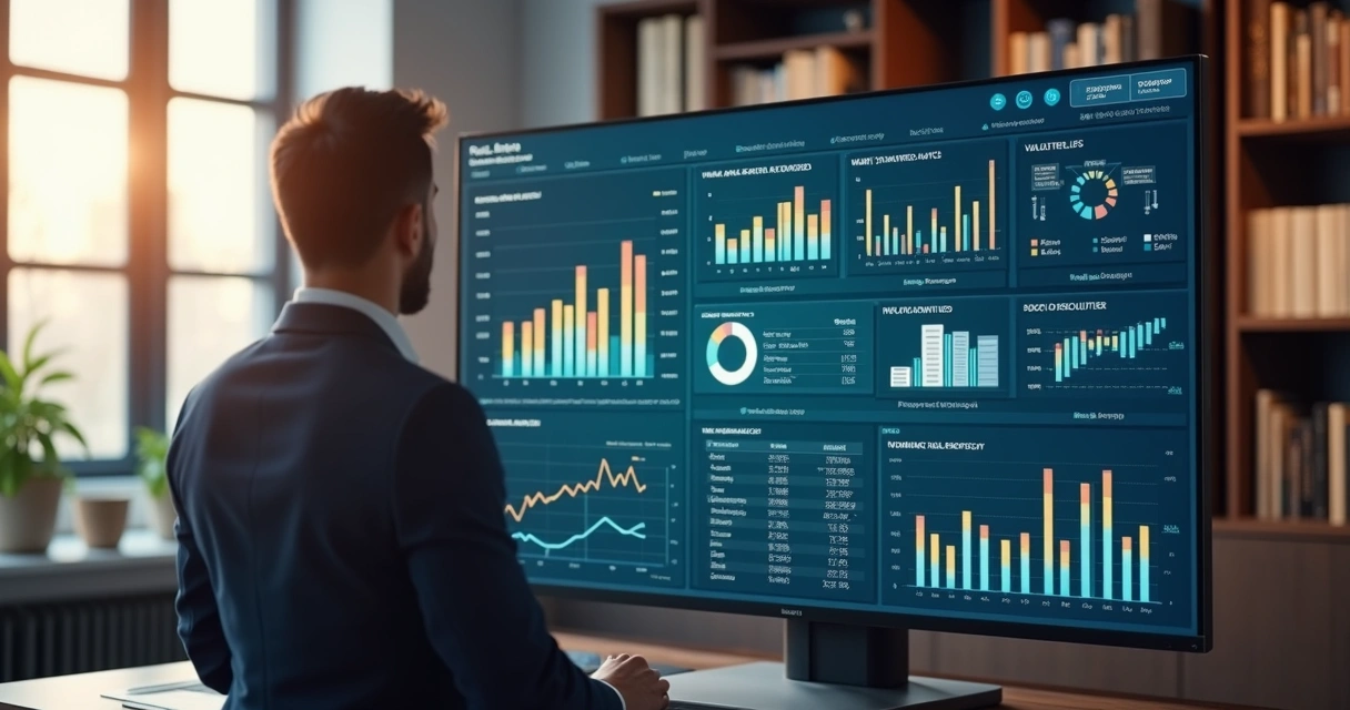 Gestor imobiliário analisando painel digital de imóveis