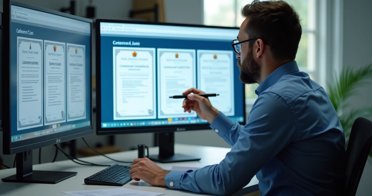 Gestor analisando documentos digitais e exigindo certificação 
