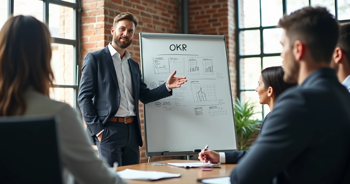 Gestor explicando OKRs para pequena equipe em empresa menor 