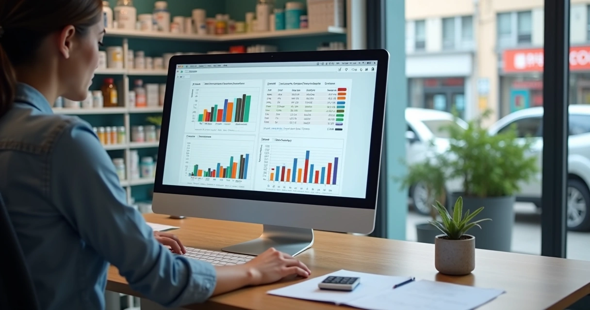 Gestor de farmácia analisando dados em tela de computador 