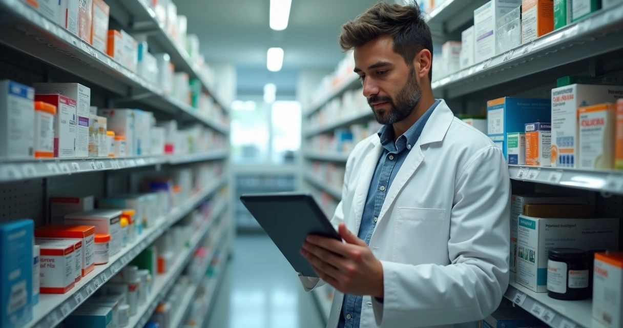 Gestor de farmácia conferindo estoque de medicamentos em prateleiras organizadas 