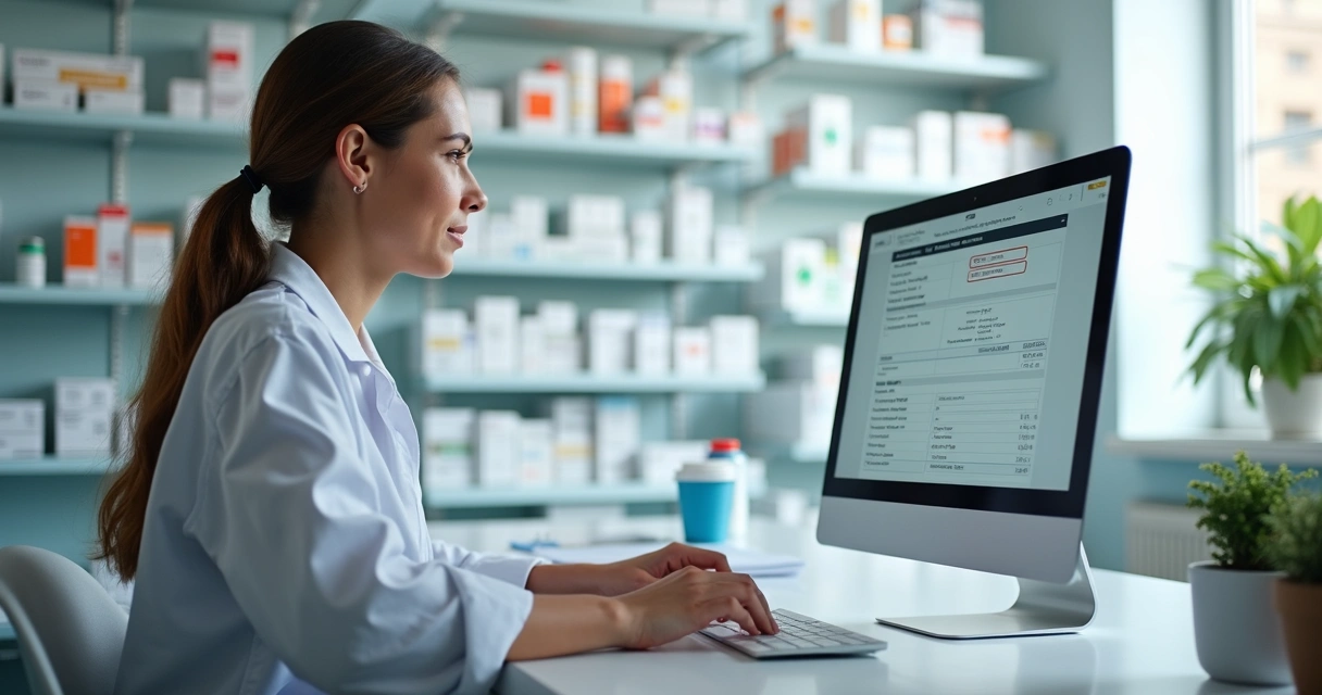 Gestor de farmácia registrando informações no computador 