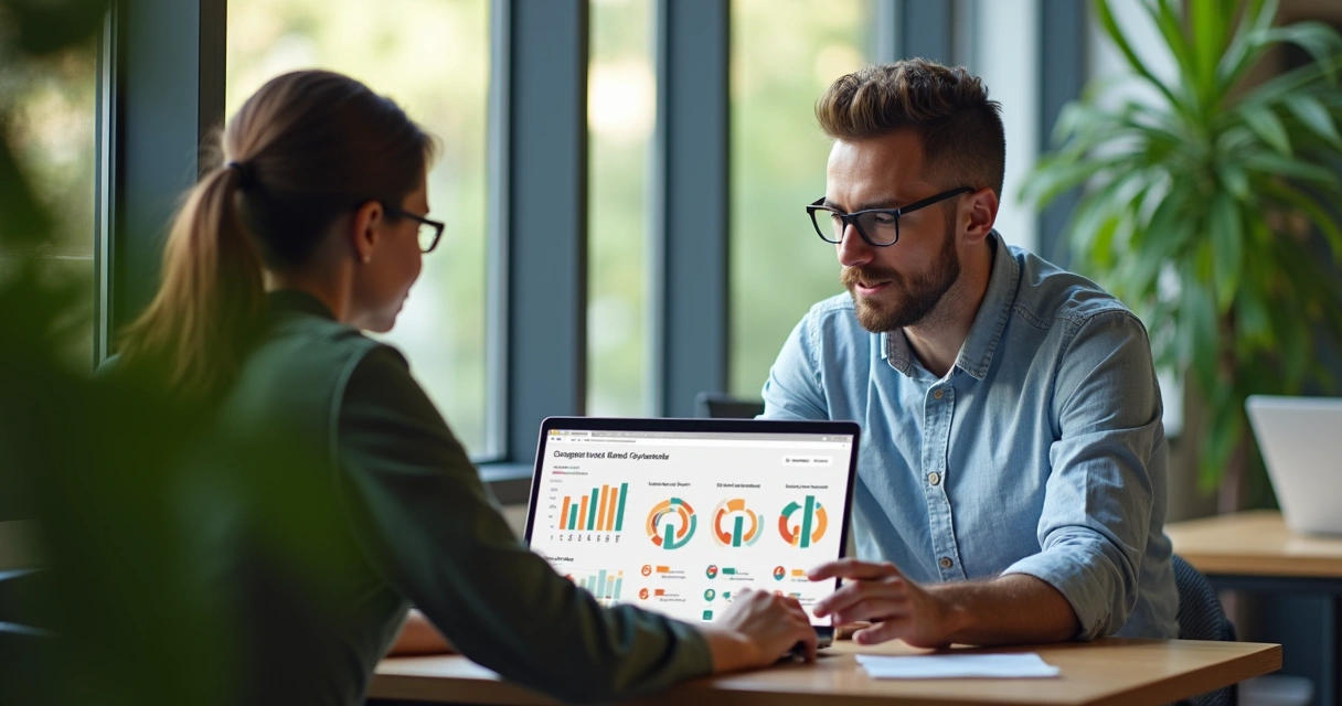 Gestor entrega feedback construtivo olhando gráficos de evolução em notebook 